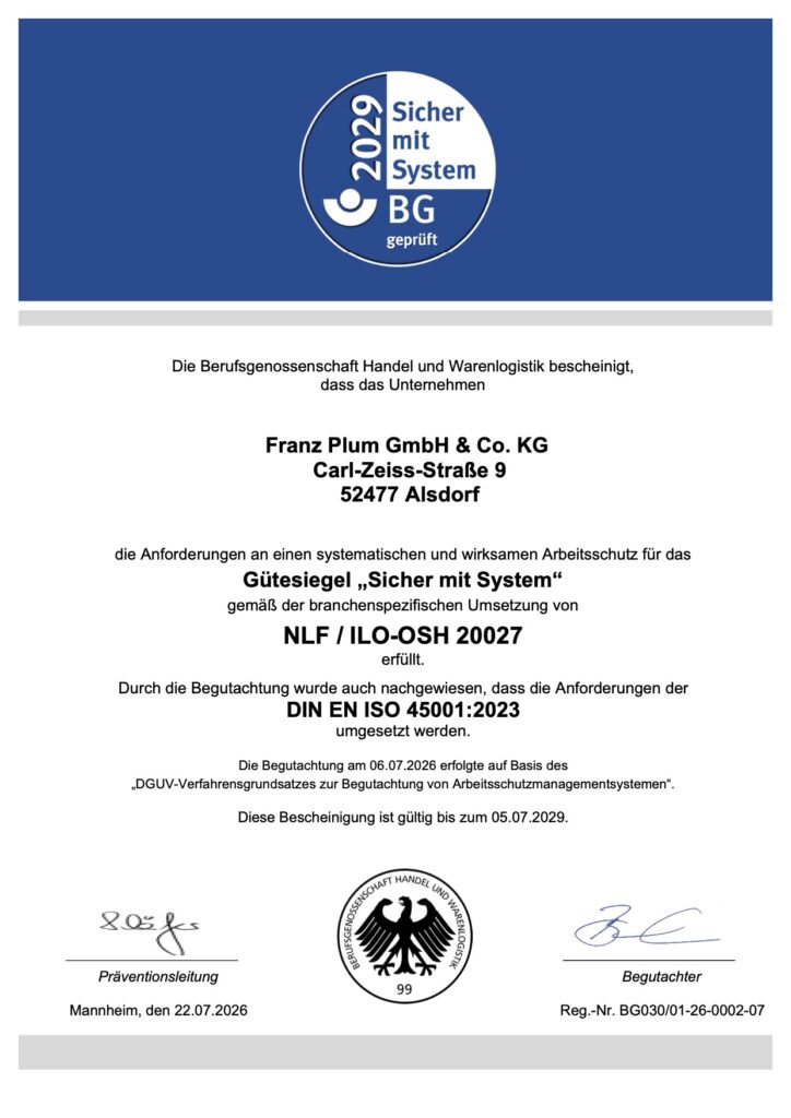 Franz Plum GmbH & Co. KG, Sicher mi t System, gültig bis 05.07.2029